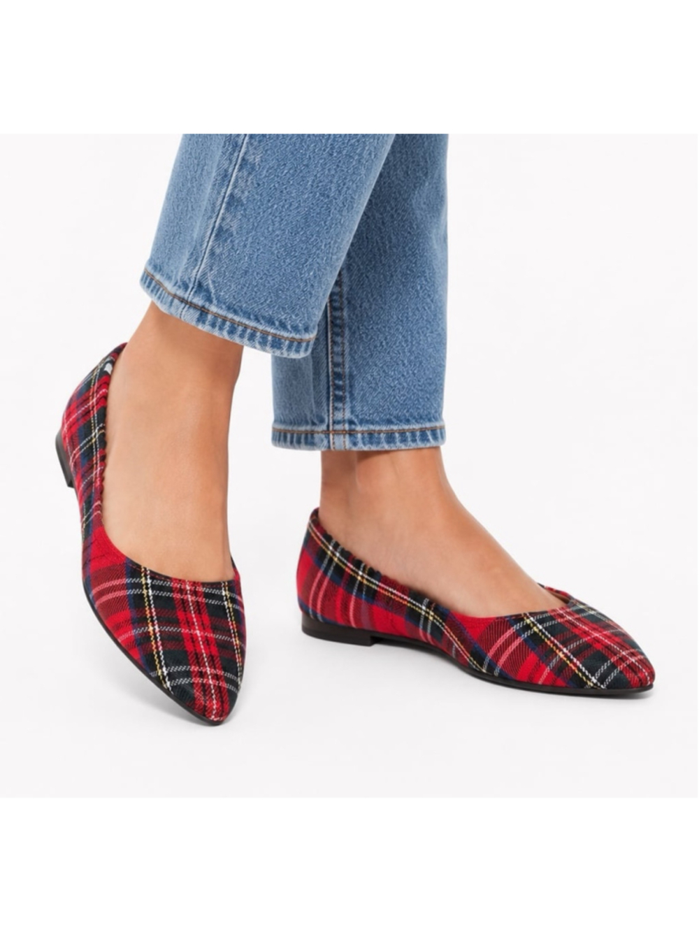 New Isaac Mizrahi New York Red Tartan Plaid Pointed Toe D'Orsay Flats
